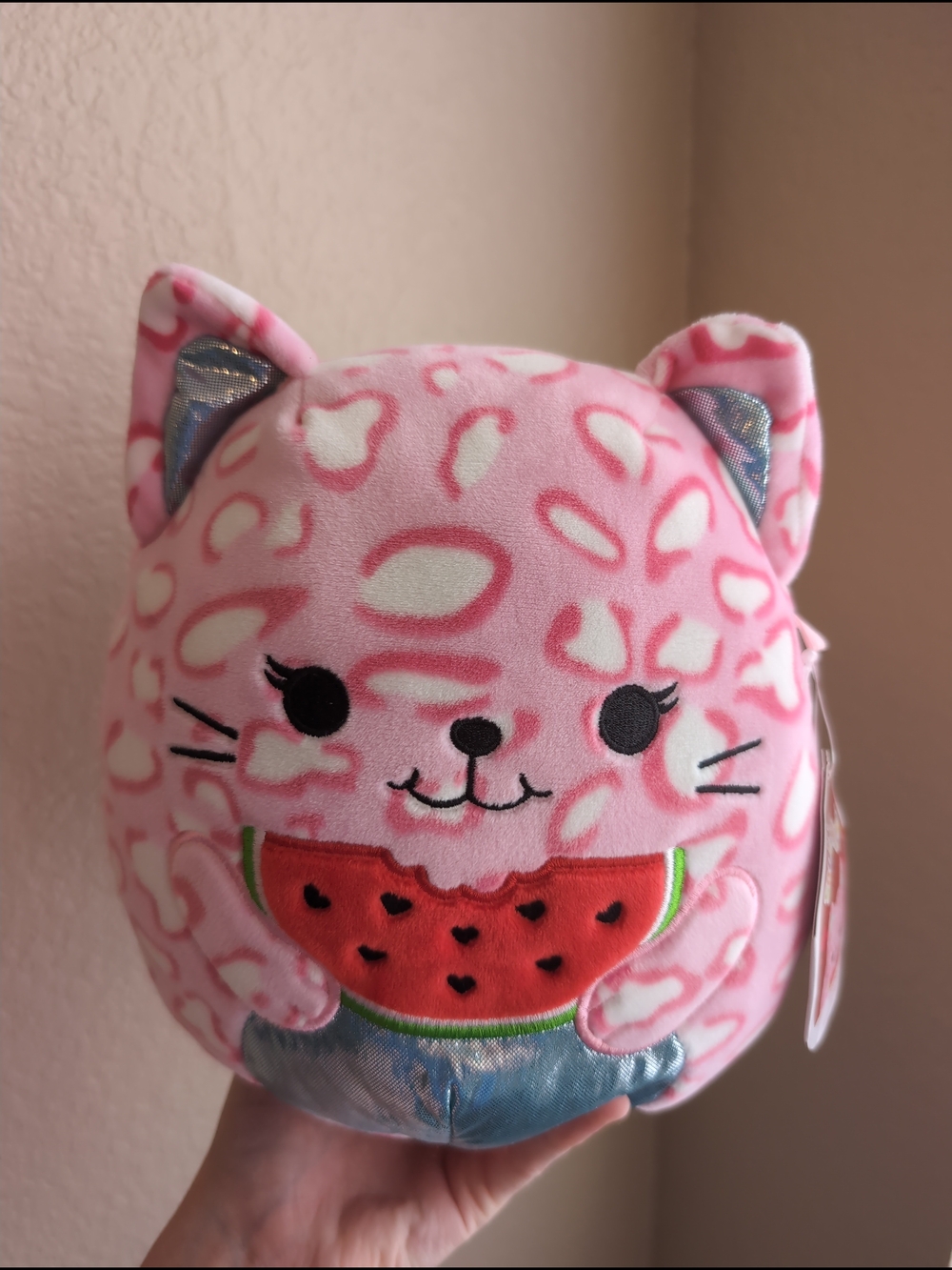 NWT Squishmallows Dalha 8 Inch the Pink Leopard Cat with Watermelon Plush